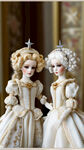 以双子星为主题，照片中要由两位女性瓷娃娃来做主角，瓷娃娃长相，整体氛围为宫廷风，场景要梦幻，色调偏白色，需要有星星和云彩做点缀