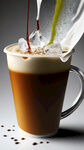 咖啡液与冰块摇震碰撞，白色牛奶，透明纸杯，蔻，石，咖啡，抹茶缓缓倒入