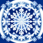 圆形图片，满频目大小不一的雪花，蓝色背景，白色雪花