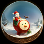 圣诞雪人骑着圣诞鹿在雪地里，圣诞树和圣诞老人做背景，做一张圆形远景图，给投影灯使用