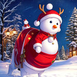 卡通圣诞雪人骑着圣诞鹿，圣诞树做背景，雪地场景，有圣诞老人，做一张圆形图