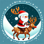 卡通圣诞雪人骑着圣诞鹿，圣诞树做背景，雪地场景，有圣诞老人，做一张圆图