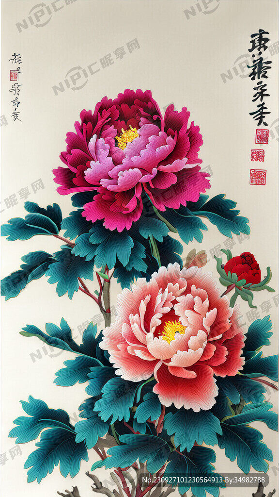 牡丹 刺绣 鲜艳 华贵 五朵