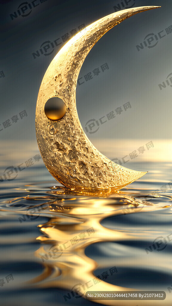 金色圆月特写 水面 层次分明
