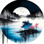 朦胧的皎洁月亮，蓝色的湖水，手动工具，铁皮黑色工具柜，中国风，抒情的场景，喜庆团圆的气氛
