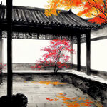 中秋节，开阔的中国庭院，国风，皎洁的月亮，家庭成员，喜庆团圆的气氛