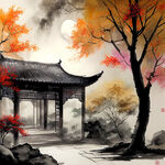 中秋节，开阔的中国庭院，国风，朦胧的月亮，喜庆团圆的气氛，