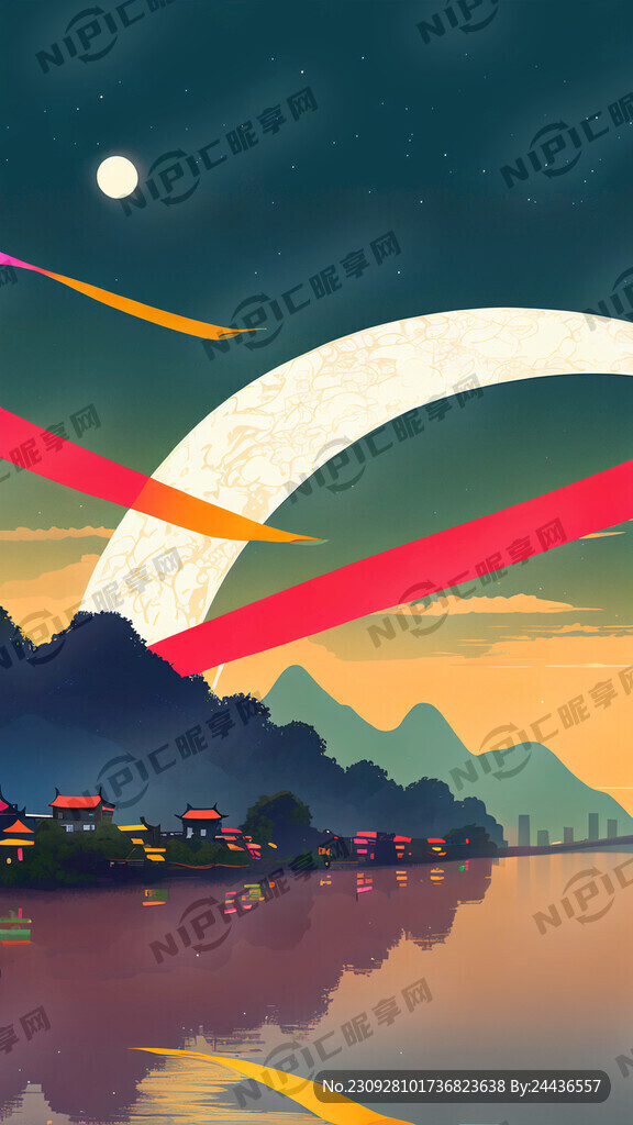 彩带 大江 明月 天空