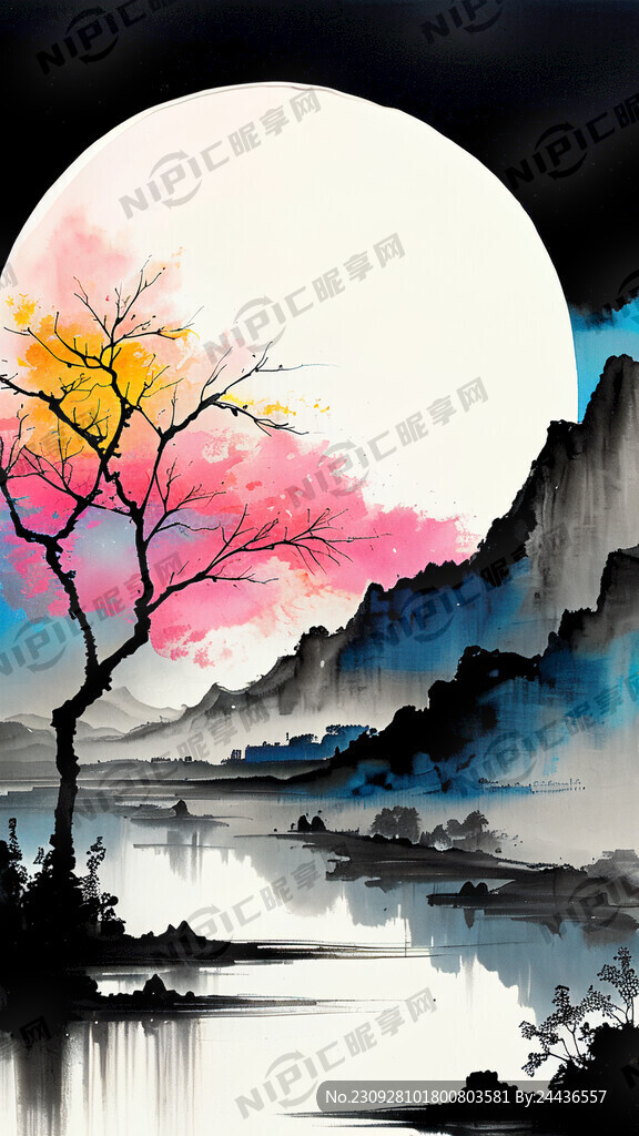 彩带 大江 明月 天空