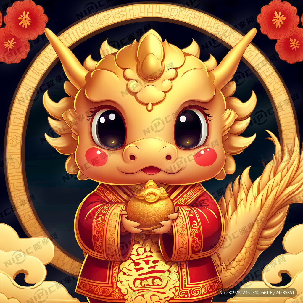 可爱卡通金色龙宝宝穿着新年衣服