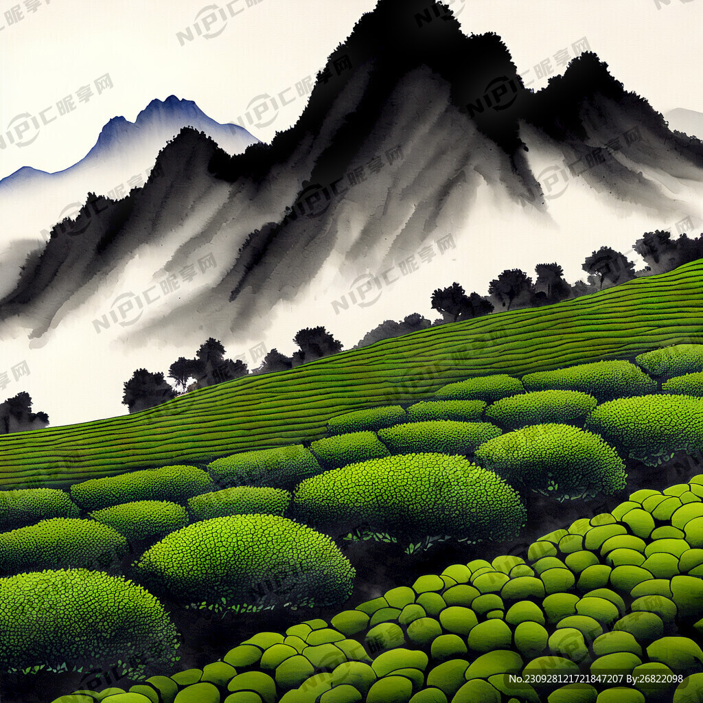 茶山 茶叶 唯美 背景 中国画