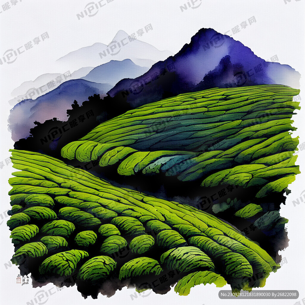 茶山 茶叶 唯美 背景 中国画