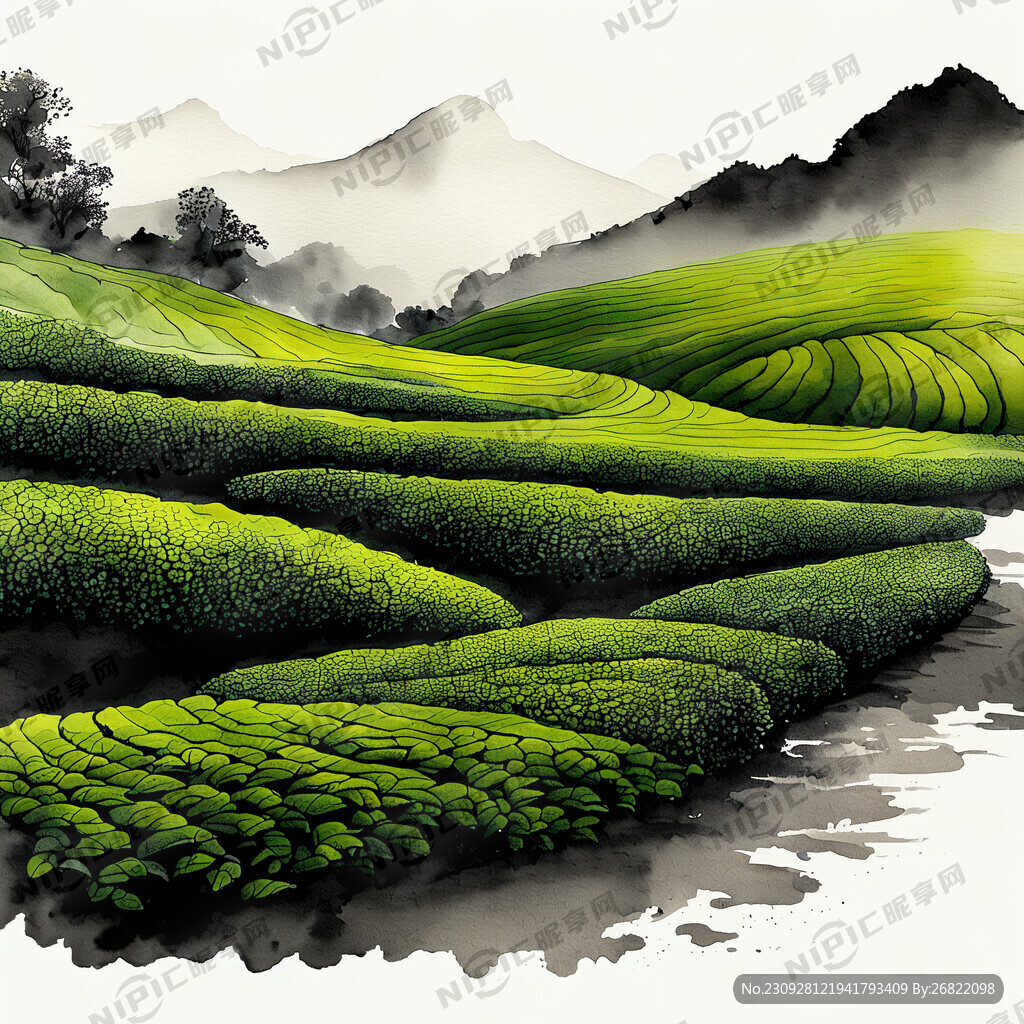 茶山 茶叶 唯美 背景 中国画