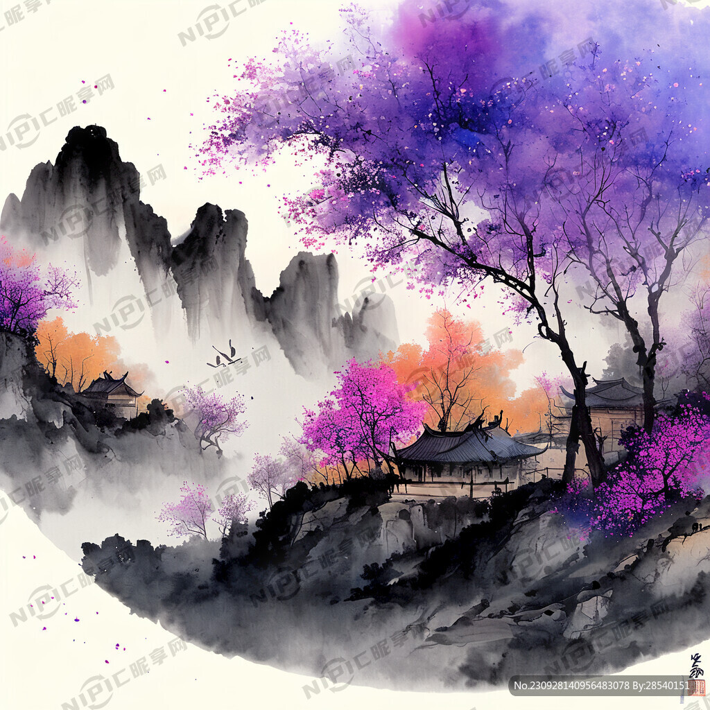 蓝紫梦幻唯美新中式风景 中秋节