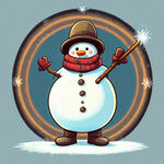 上个卡通时尚的雪人，拿着魔法棒，做一张圆形图