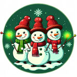 三个卡通时尚的雪人，拿着魔法棒，绿色圣诞树做背景，做一张圆形图