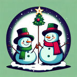 三个卡通时尚的雪人，面带微笑着，拿着魔法棒，绿色圣诞树做背景，做一张圆形图
