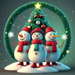 三个卡通时尚的雪人，面带微笑着，拿着魔法棒，绿色圣诞树做背景，做一张圆形，3d超清图