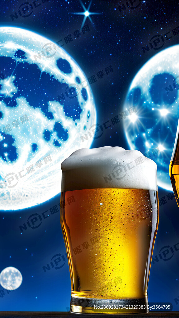干净的蓝色的星空中有一个由啤酒