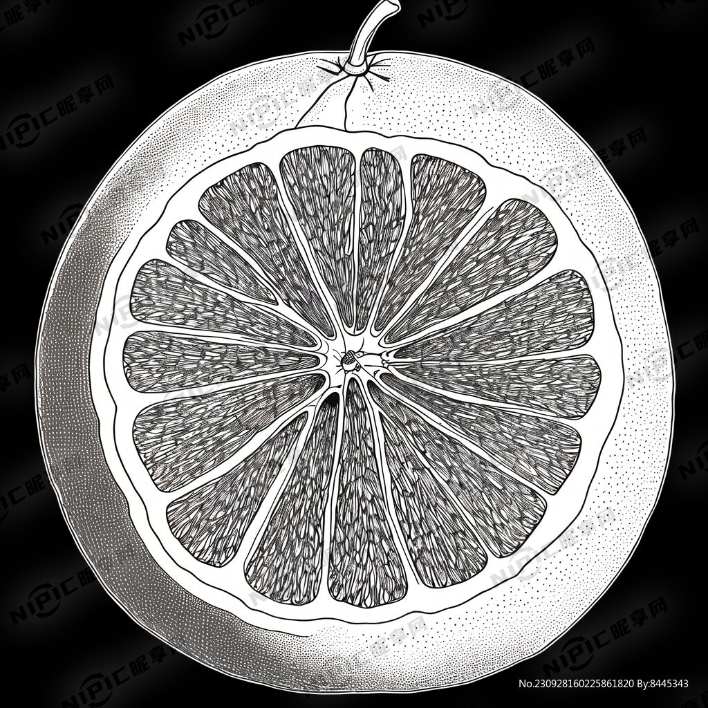 黑色线描蜜柚 完整的柚子