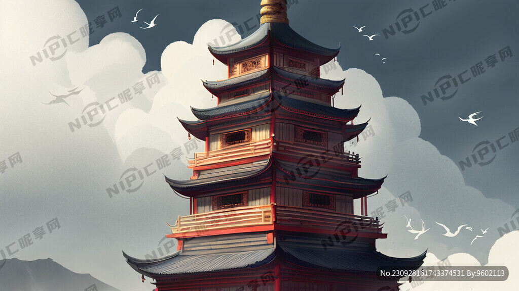 插画 国风 寺 庙宇 高塔