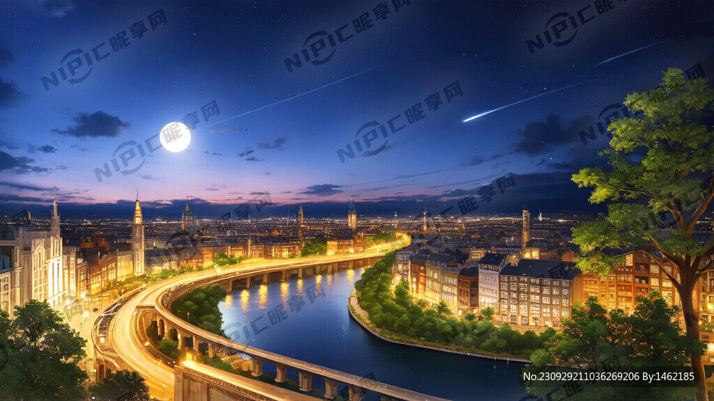 城市的夜晚 天空一轮明月