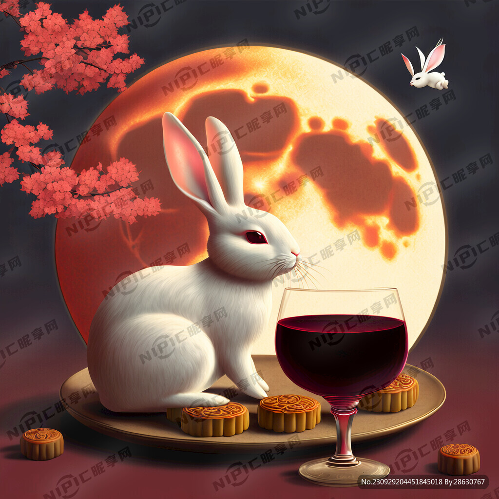 中秋月亮 兔子 月饼 红酒