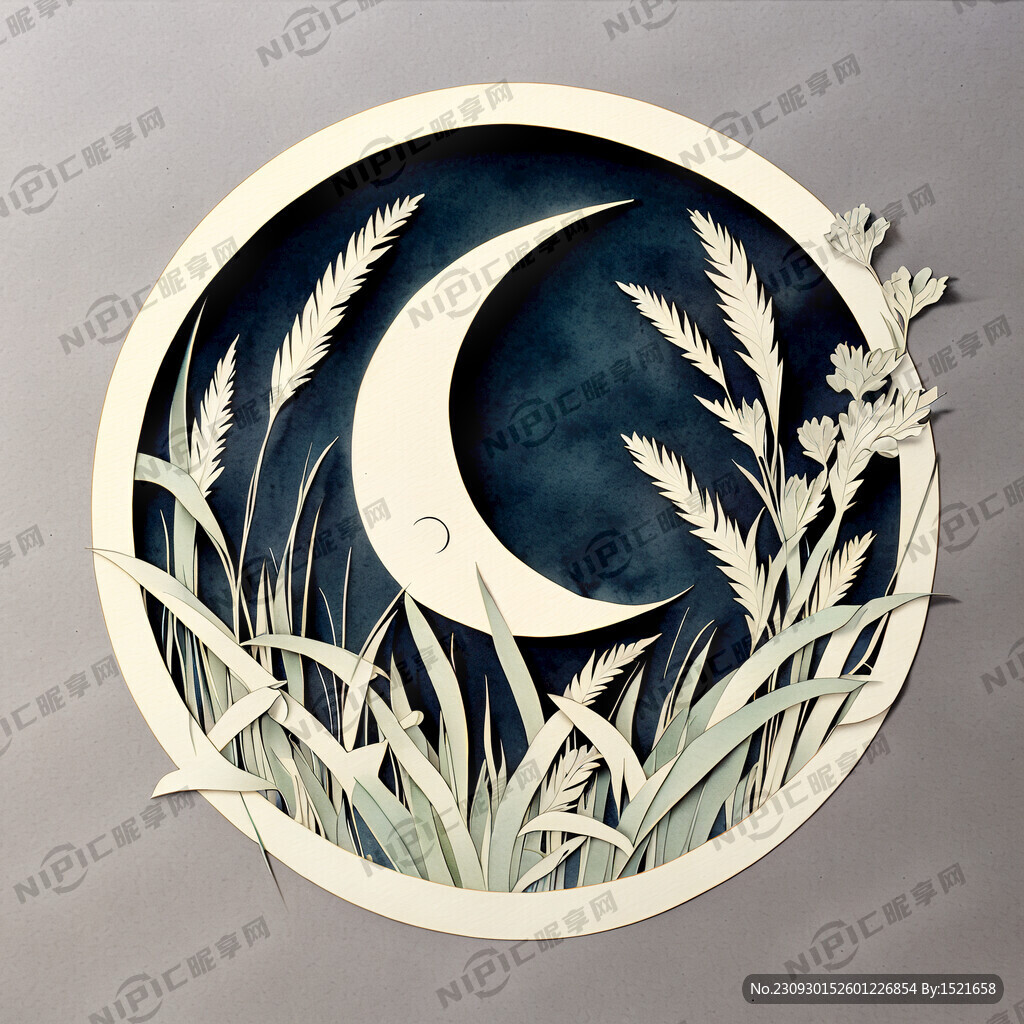 小草与月亮剪纸标志