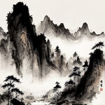 山谷，中国风，中国画，山水，水墨风格，写意，意境，高雅，高清，仙风道骨。