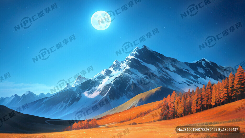 圆月 雪山 红色草地 牛羊成群