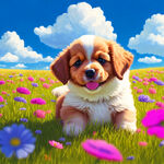 蓝天白云活泼可爱的小狗在草地里打滚草地上开着五彩缤纷的小花