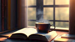 清晨，正在看着一本打开的书，一杯热腾腾的咖啡放着书的旁边