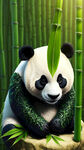 竹叶组成的熊猫形状，坐姿，全身竹叶，脸上竹叶，翠绿，竹叶组成的身体，概念，幻想，创意