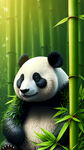竹叶组成的熊猫形状，坐姿，全身竹叶，脸上竹叶，翠绿，竹叶组成的身体，概念，幻想，创意，平面插画