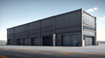 钢结构车间厂房，两层，灰色外观，长方体，门口位于中间，门口有道路