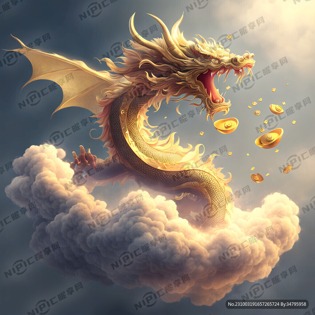 手拿金元宝腾云驾雾的飞龙在天