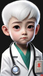 扮演小医生的外国白人小男孩，白色的头发，大大的眼睛，穿着白色医生服，背景灰色，3D，盲盒风格