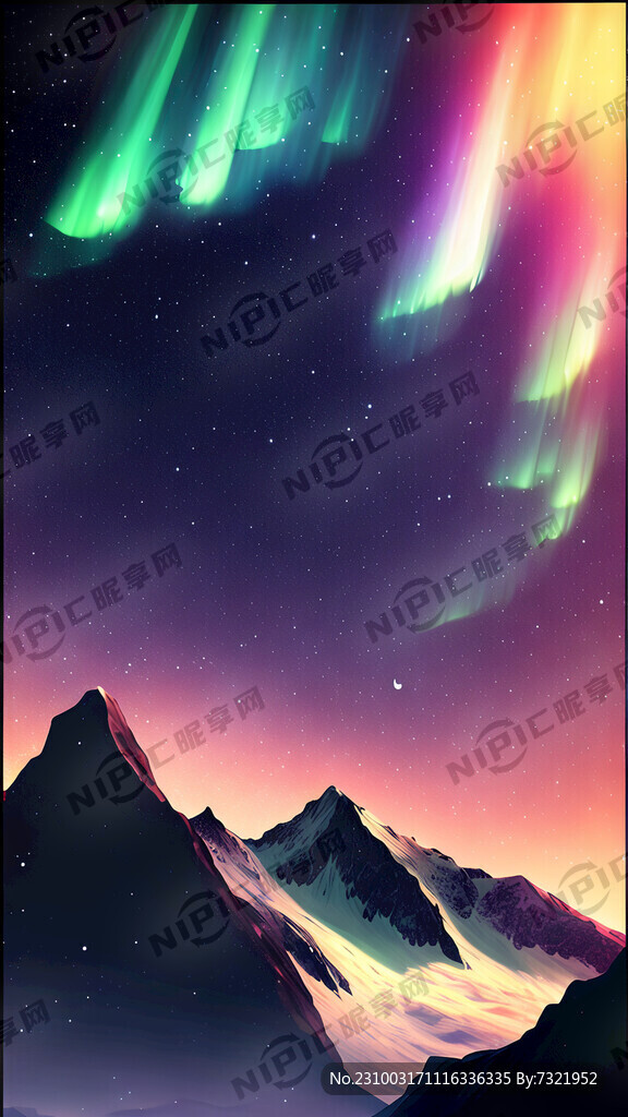 月亮星空黑夜高山极光