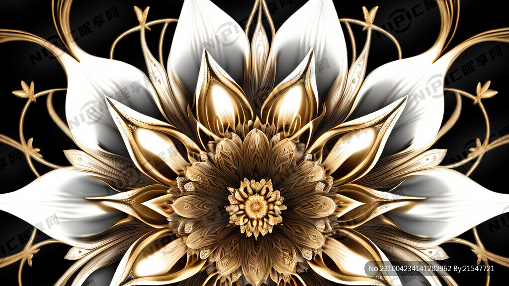 金色花晶莹剔透黑白线条曼陀罗花