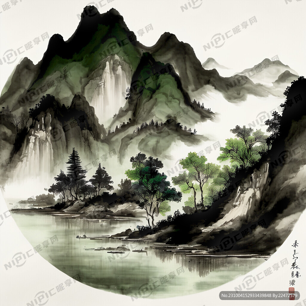 山水画 国潮风 以绿色为基调