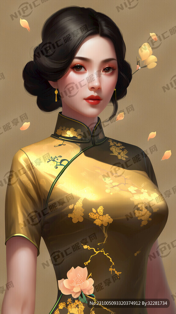 插画旗袍金色桃花眼全身照
