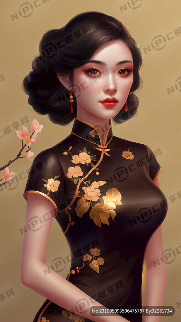 插画旗袍金色桃花眼全身照