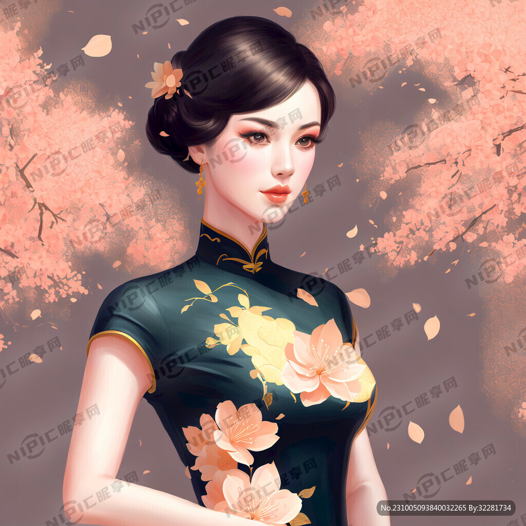 旗袍插画金色桃花眼全身照