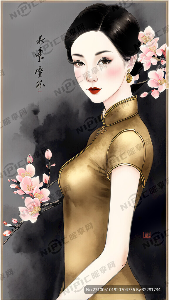 插画人物旗袍桃花眼全身照金色中