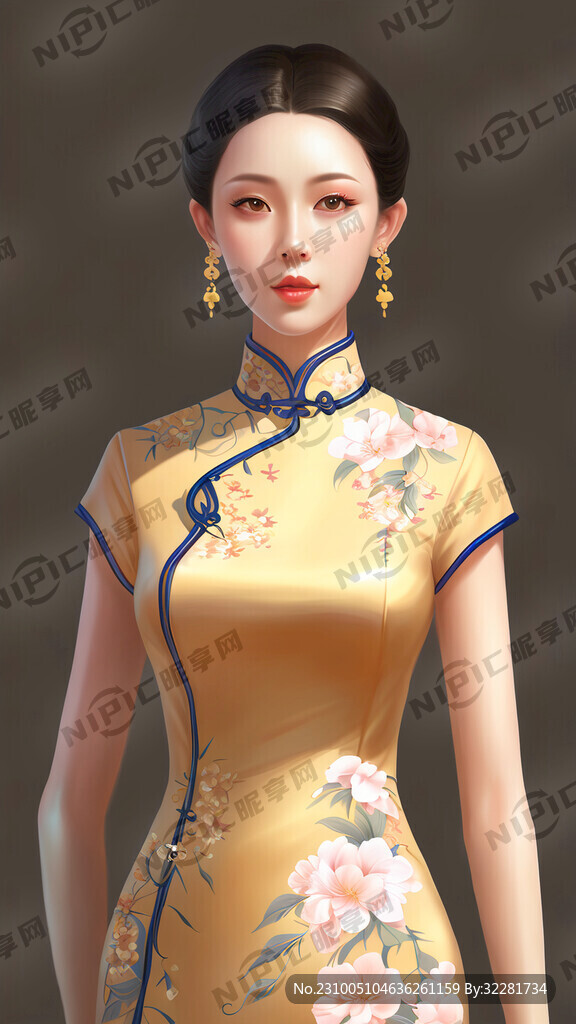 旗袍插画金色桃花眼全身照全身照