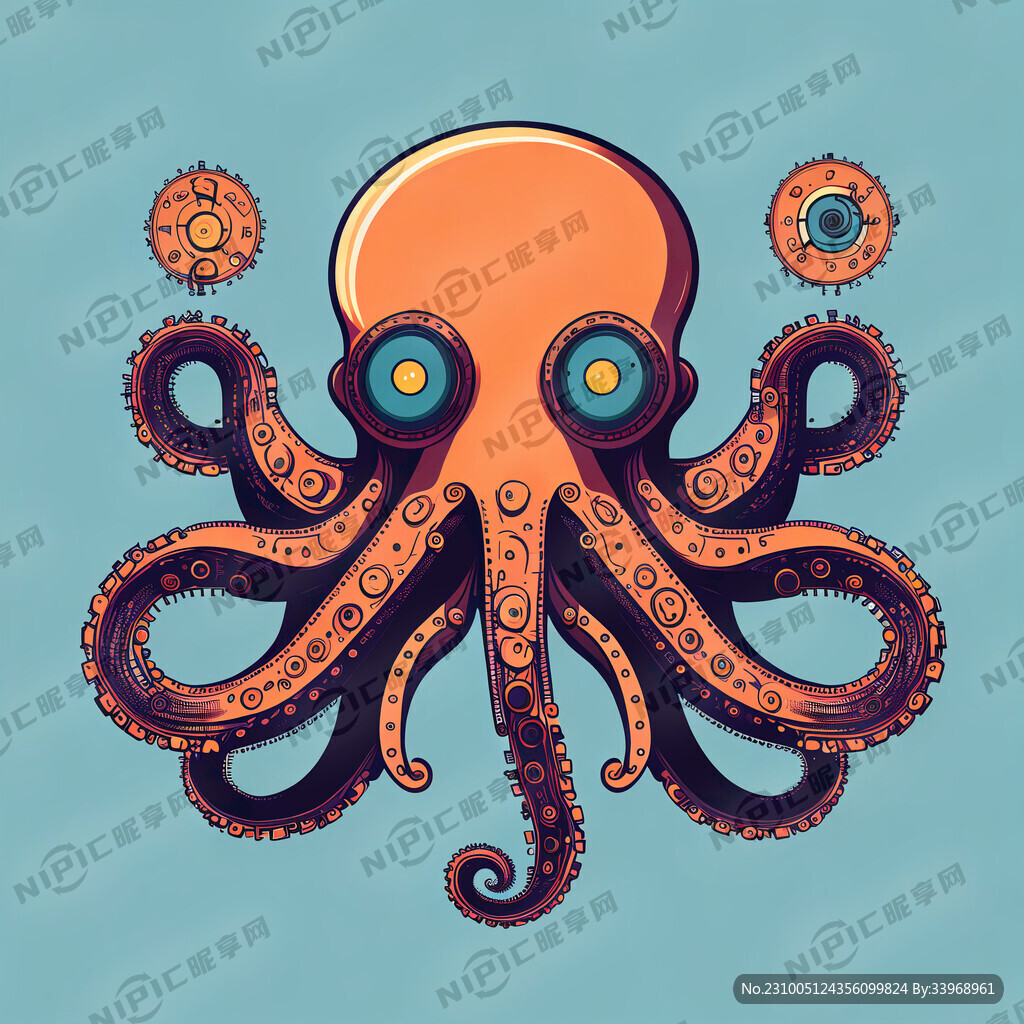 章鱼机械章鱼线条插画平面设计