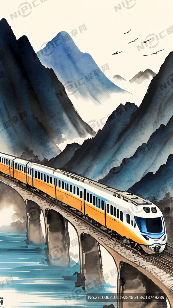 一列高铁动车穿梭在山海间的中式