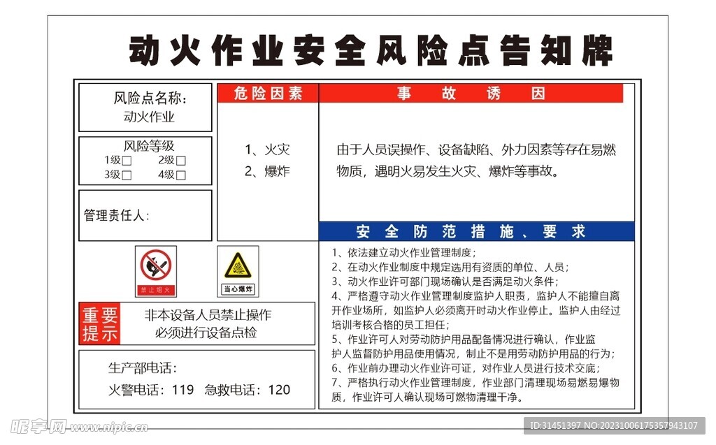 动火作业安全风险告知牌