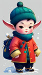 小男孩，国潮，雪花，可爱，全身，