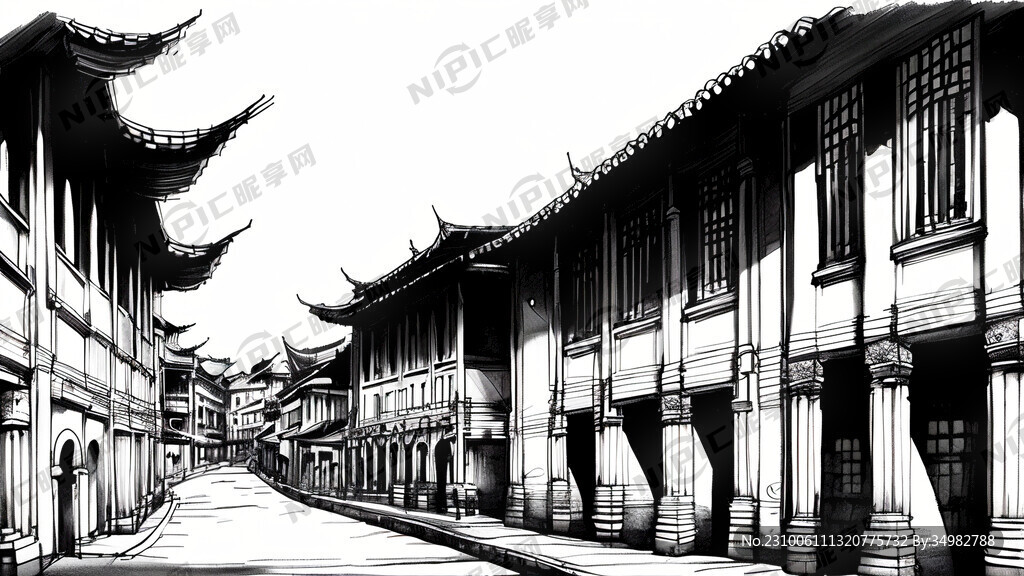 城市建筑 白描 画 黑白 素描